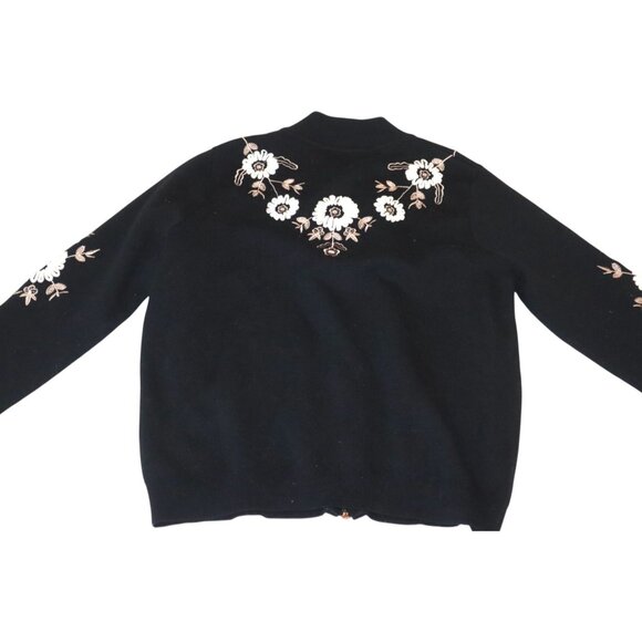 Floral Embroidered Zip Cardigan Black Bomber Grannycore Soft Classic - Picture 4 of 9